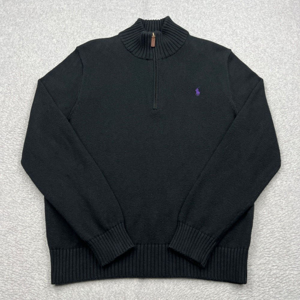 Polo Ralph Lauren 1/4 Zip Sweater Men's Large Black Cotton Knit Mock Neck Pony